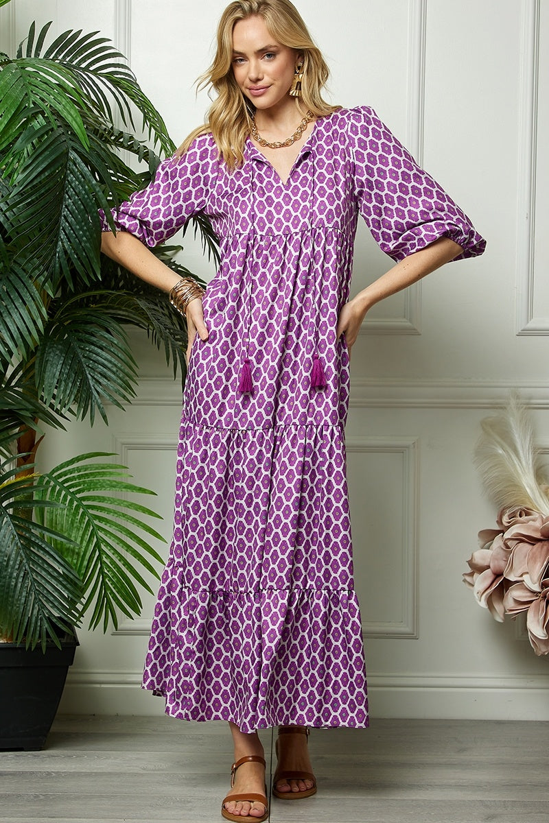 Print Three Quarter Puff Sleeve Maxi Dress Purple / Small