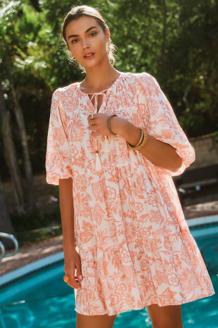 Boho Printed Baby Doll Mini Dress 3X / Peach Wave Boho Printed Baby Doll Mini Dress 3X / Peach Wave