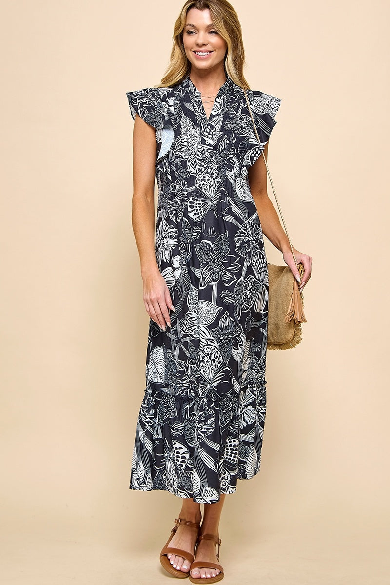 black mob dresses Print Button Front Midi Dress Black