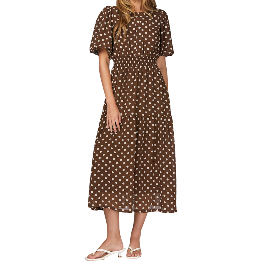 Brown Short Puff Sleeve Polka Dot Tiered Midi Dress