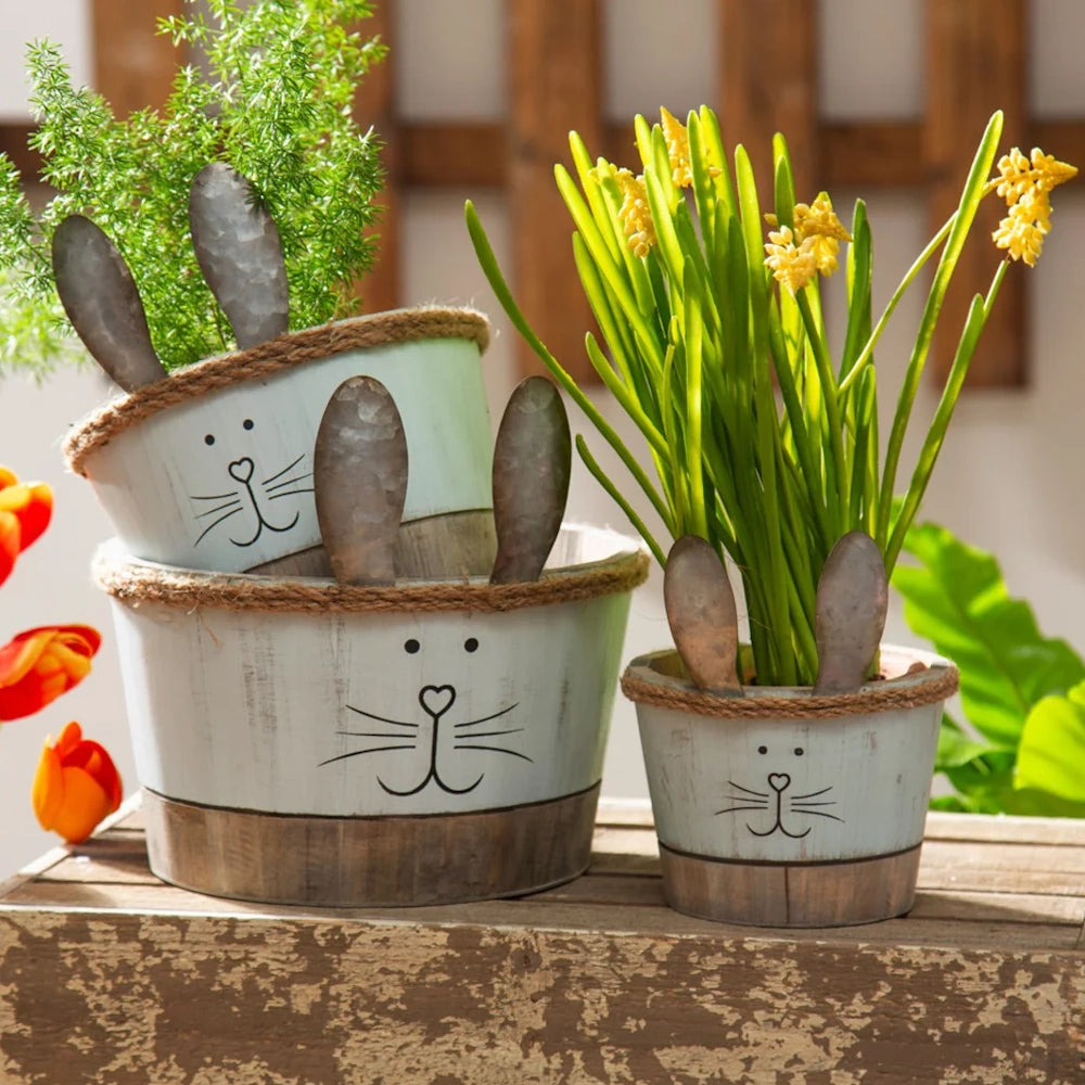 bunny planter Large Wood Bunny Planter with Metal Ears