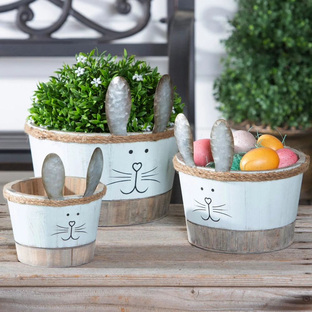 Large Wood Bunny Planter with Metal Ears