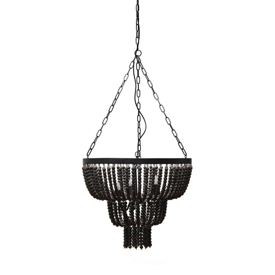 Metal & Wood Pendant Lamp w/ Wood Beads, 3 Bulbs, 6' Chain & 10' Cord, Black — alternate view 2