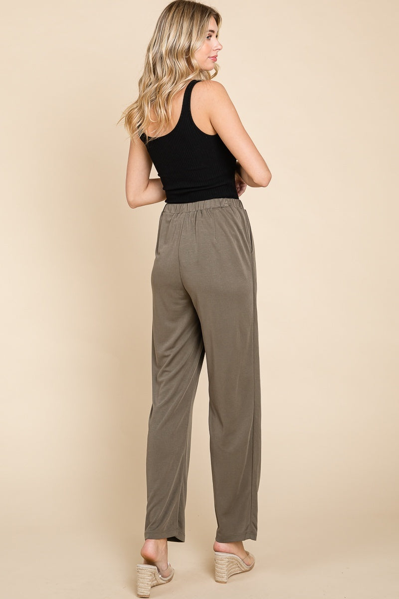 Elastic Waist Band Straight Leg Pants - Olive — alternate view 2
