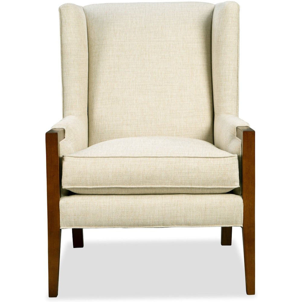 Front view of a beige high-back wing chair with textured fabric and dark wood arms.