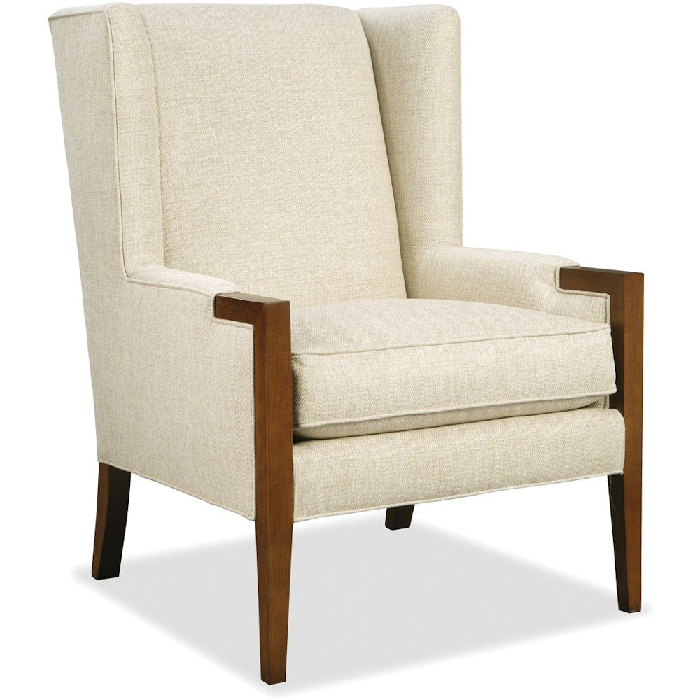 Beige high-back accent chair with dark wooden arms and legs isolated on a plain white background.