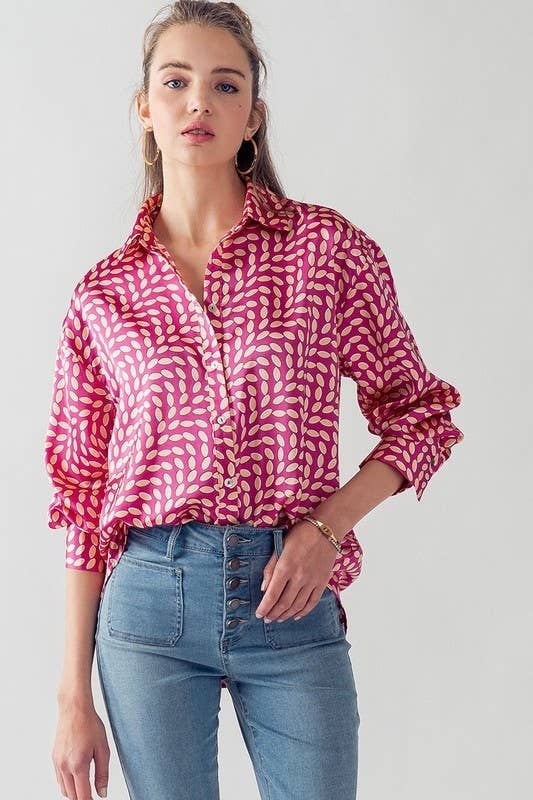 Elsie All Over Printed Button Down Top - Hot Pink