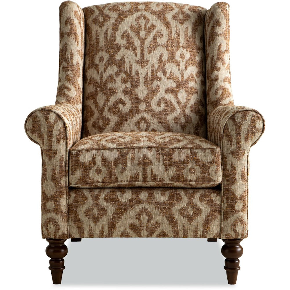 High-backed wingback armchair upholstered in a beige and brown damask-patterned fabric.