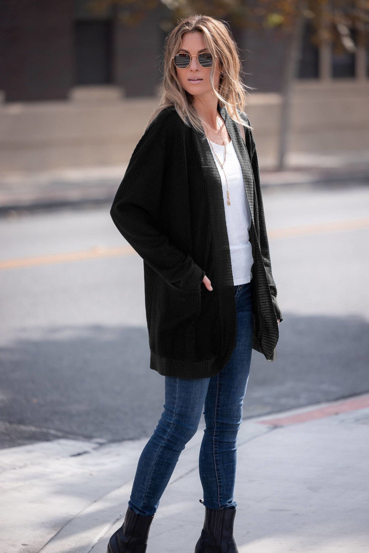 Scoop Hem Waffle Cardigan — alternate view 3