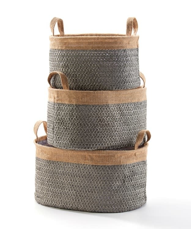 Gray Lined Woven Basket with Handles, Medium — alternate view 2