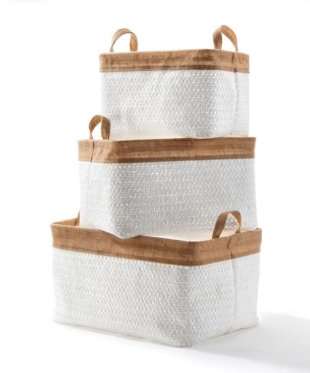 White Lined Woven Basket with Handles- Small — alternate view 2