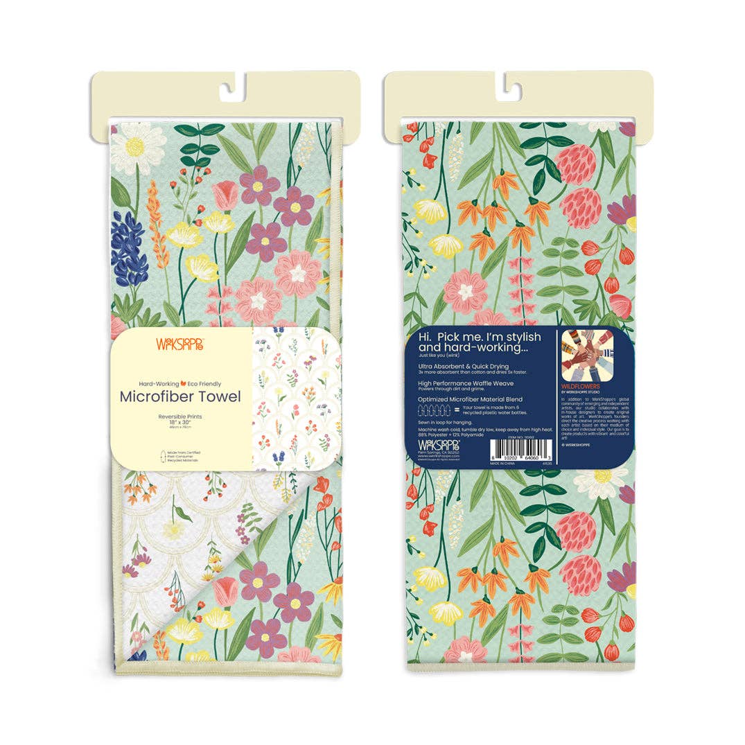 Two floral microfiber towel packages with visible branding on a white background.
