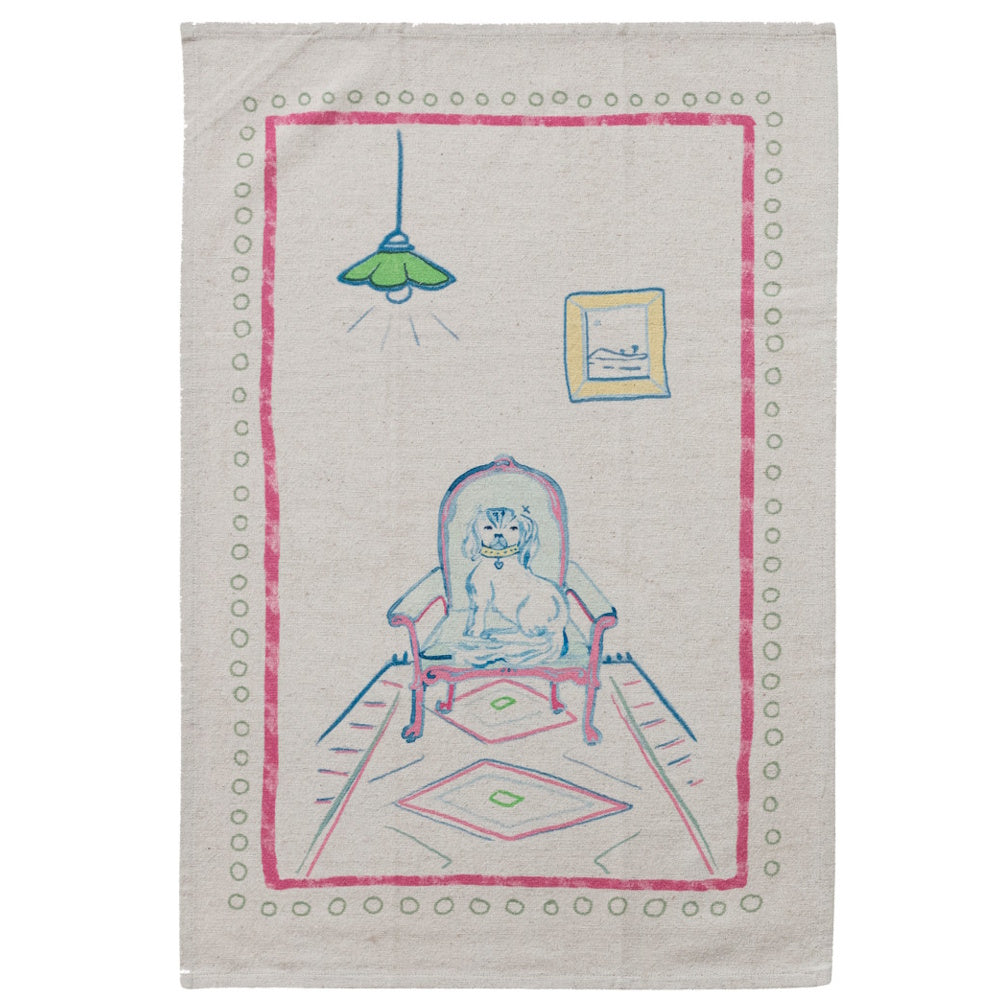 Cotton linen tea towel featuring an illustrated Staffordshire dog on an armchair.