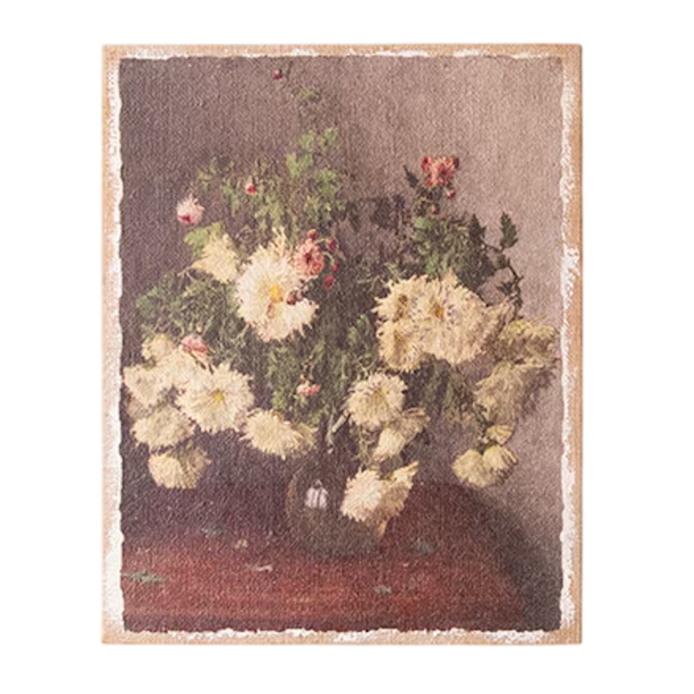 Vintage floral canvas print on burlap featuring pale chrysanthemums in a vase against a neutral background.