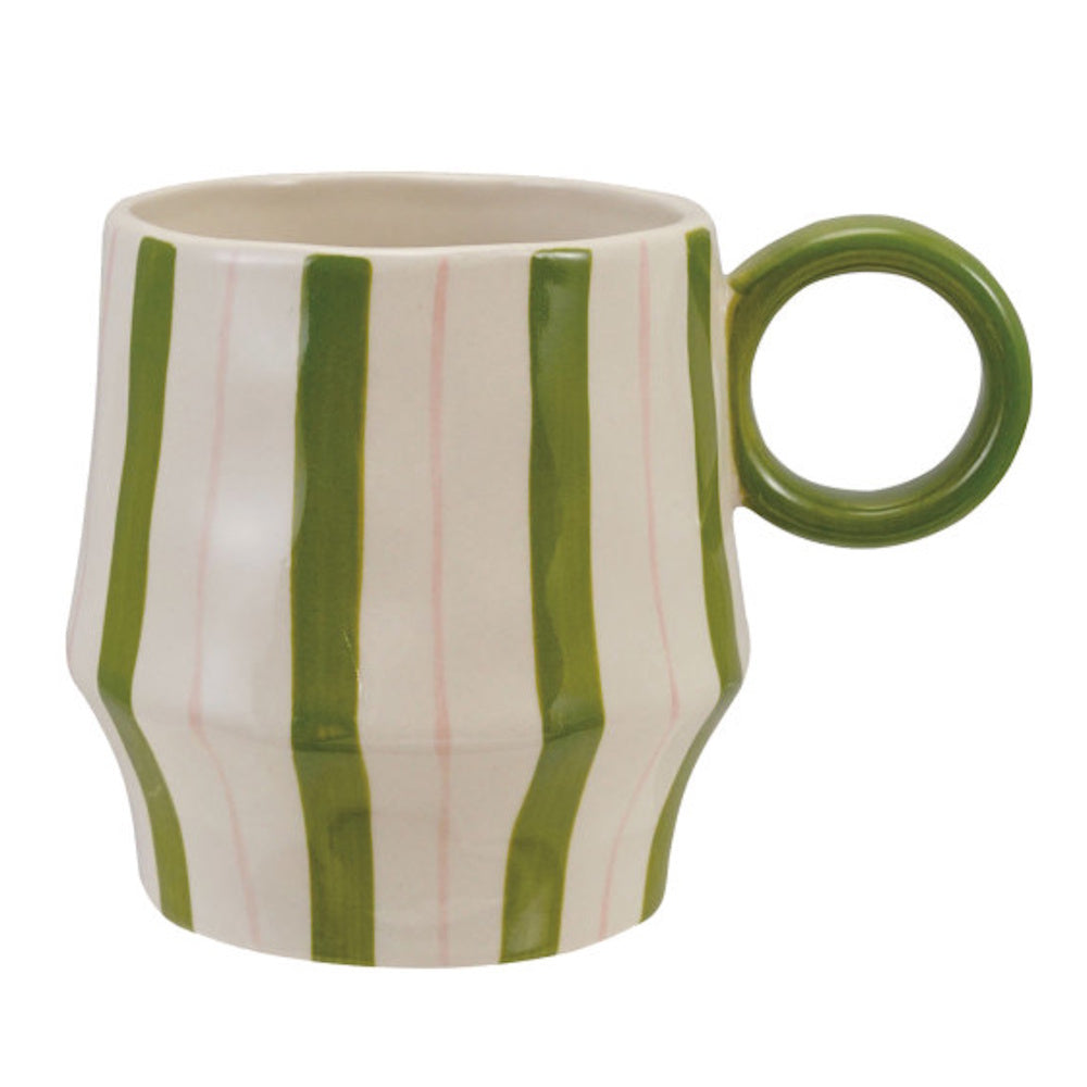 Hand-painted ceramic mug with vertical green and pink stripes and a green round ring handle.