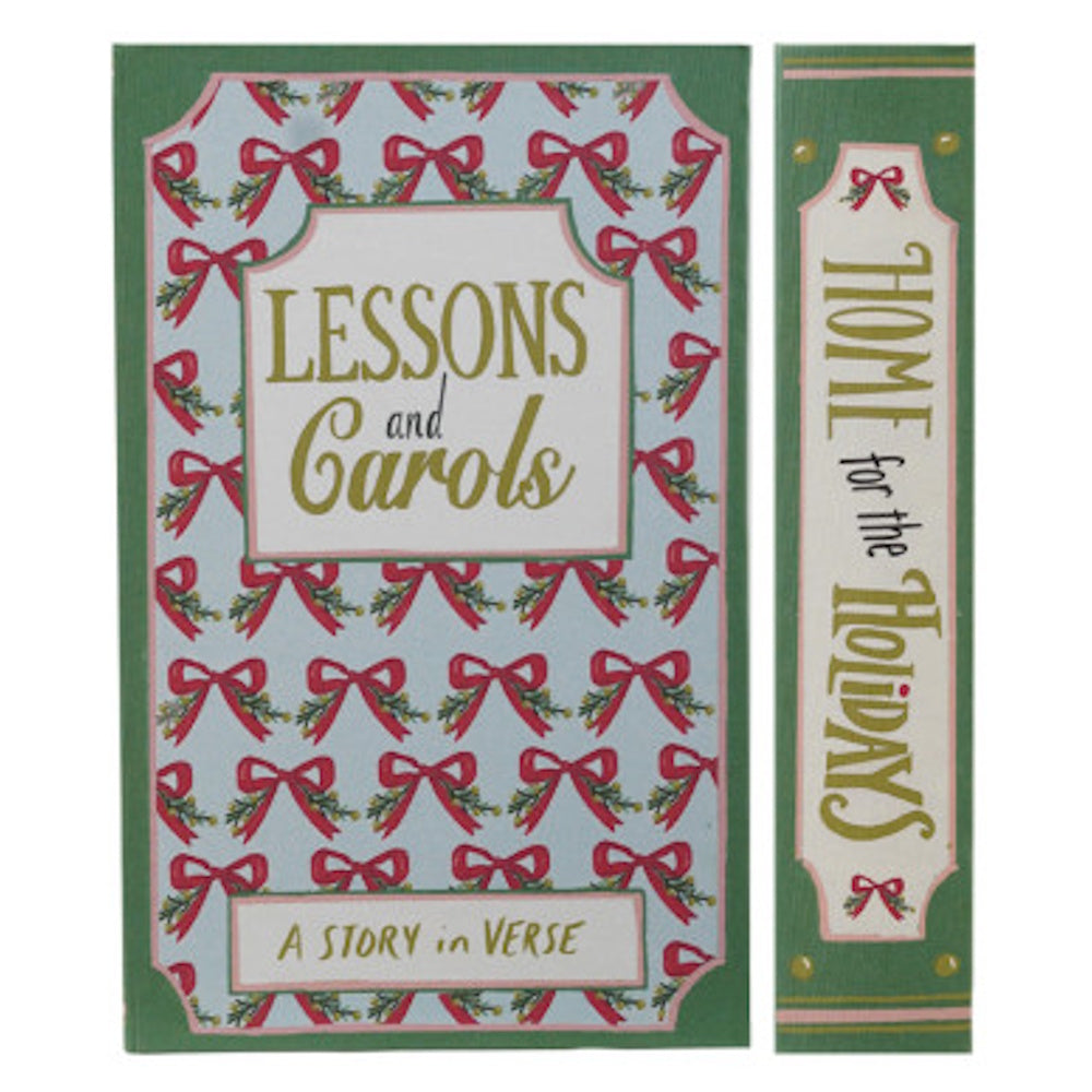 Green Christmas book-shaped storage box featuring red bows and "Lessons and Carols" title text.