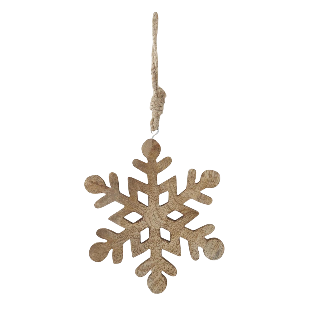 A wooden snowflake ornament with natural grain and a jute string hanger.