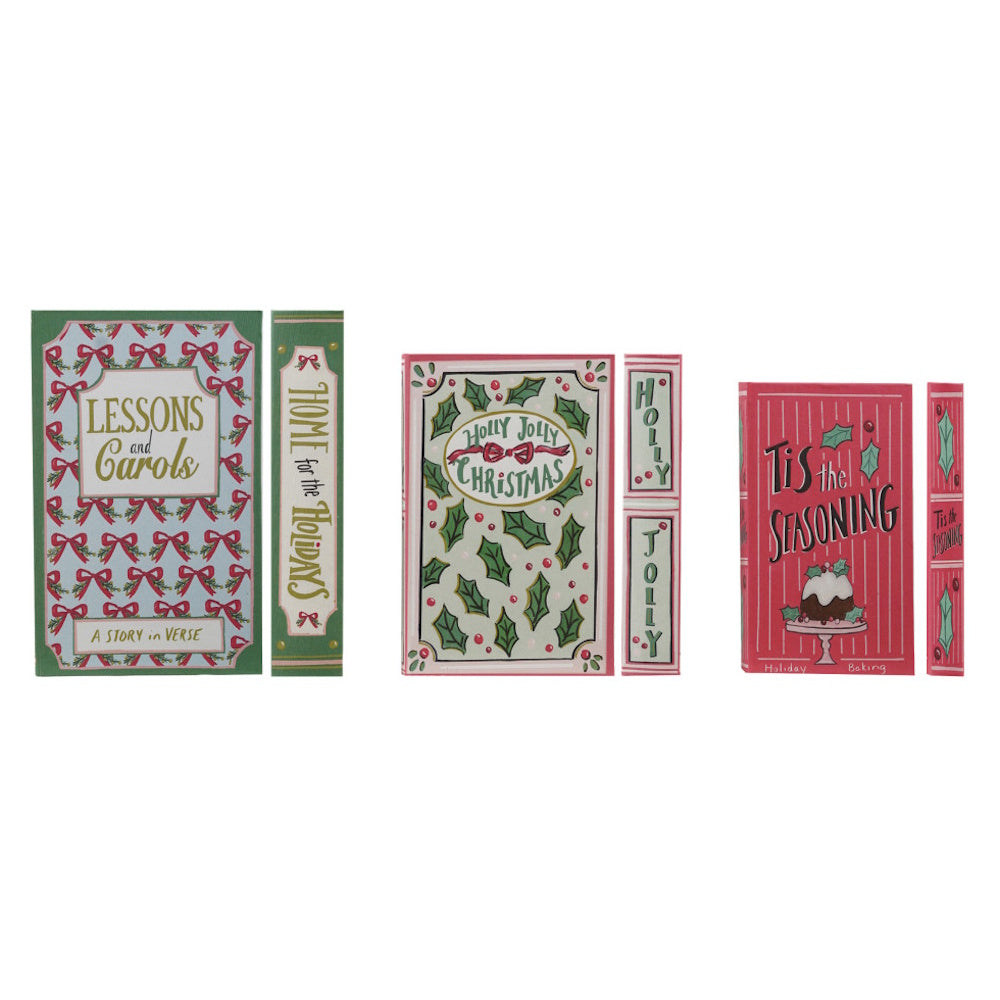 Three festive holiday-themed decorative books with patterned covers and coordinating spines.