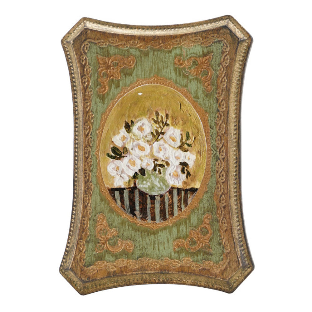 Vintage style MDF wall decor featuring an oil painting of white flowers in a vase with a green border.