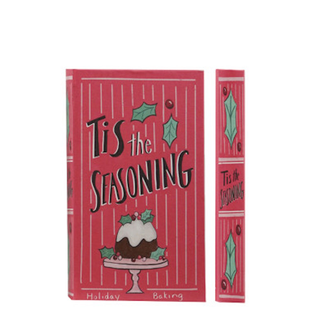 Red holiday book-shaped storage box featuring "Tis the Seasoning" with cake and holly illustrations.