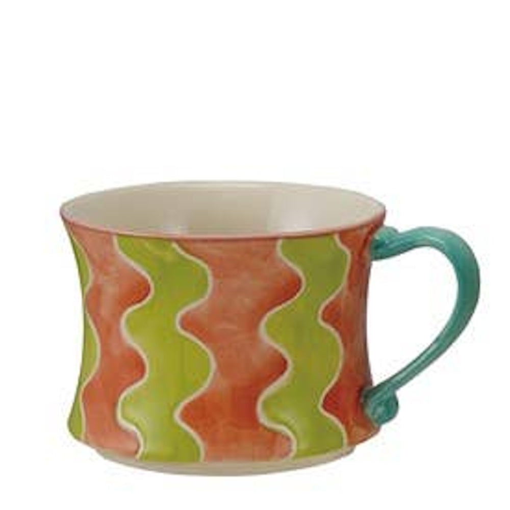 Colorful ceramic mug with wavy orange and green stripes and a teal handle.