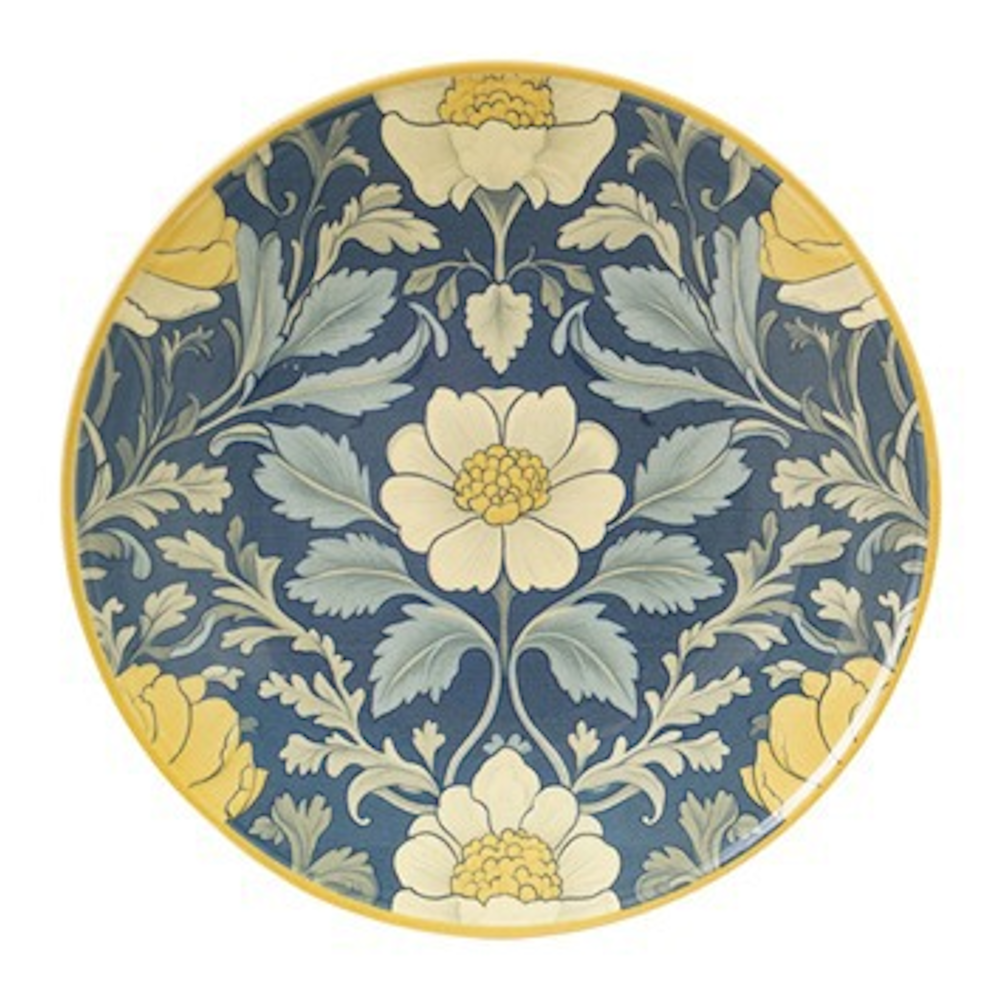 Round ceramic plate with a yellow rim and a dark blue botanical floral pattern.