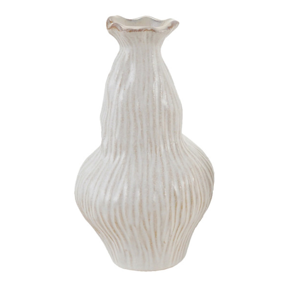 An organically shaped white stoneware vase with vertical ribbed textures and a ruffled rim.