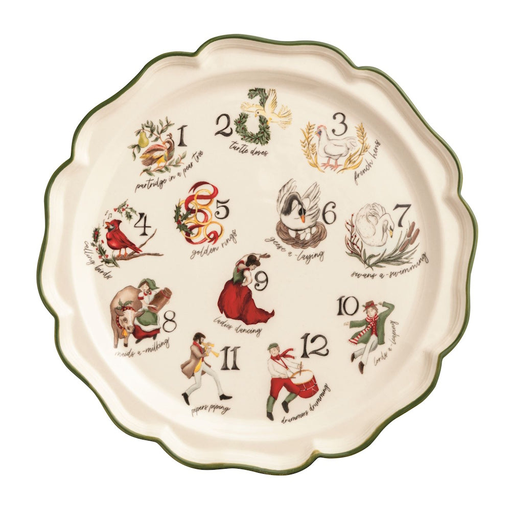 Round scalloped serving platter featuring illustrations representing the Twelve Days of Christmas.