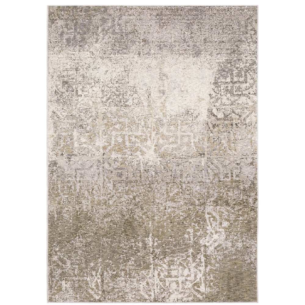 Full view of the abstract gray, taupe, and cream distressed area rug on a white background.