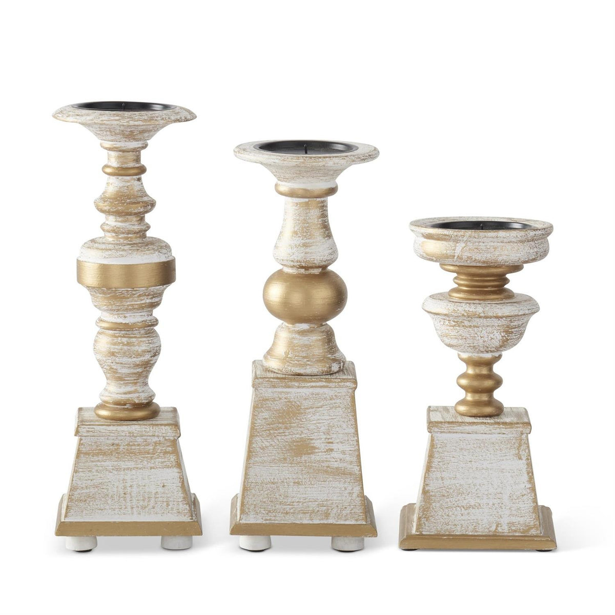 Set of 3 Whitewashed Gold Wood Candleholders — alternate view 2