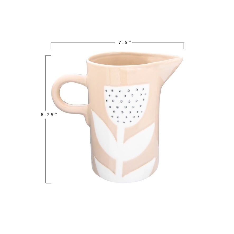 Hand-Painted Stoneware Pitcher w/ Flower, Pink — alternate view 4