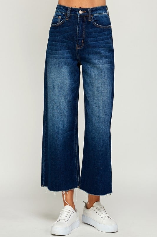 Dark Wide Leg Cropped Jeans with Raw Hem — alternate view 2