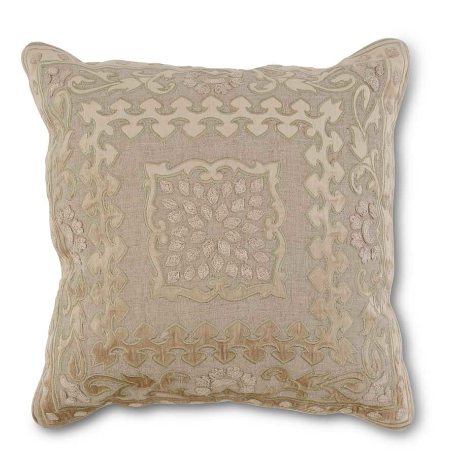 Camel Linen & Velvet Embroidered Square Pattern Pillow — alternate view 2