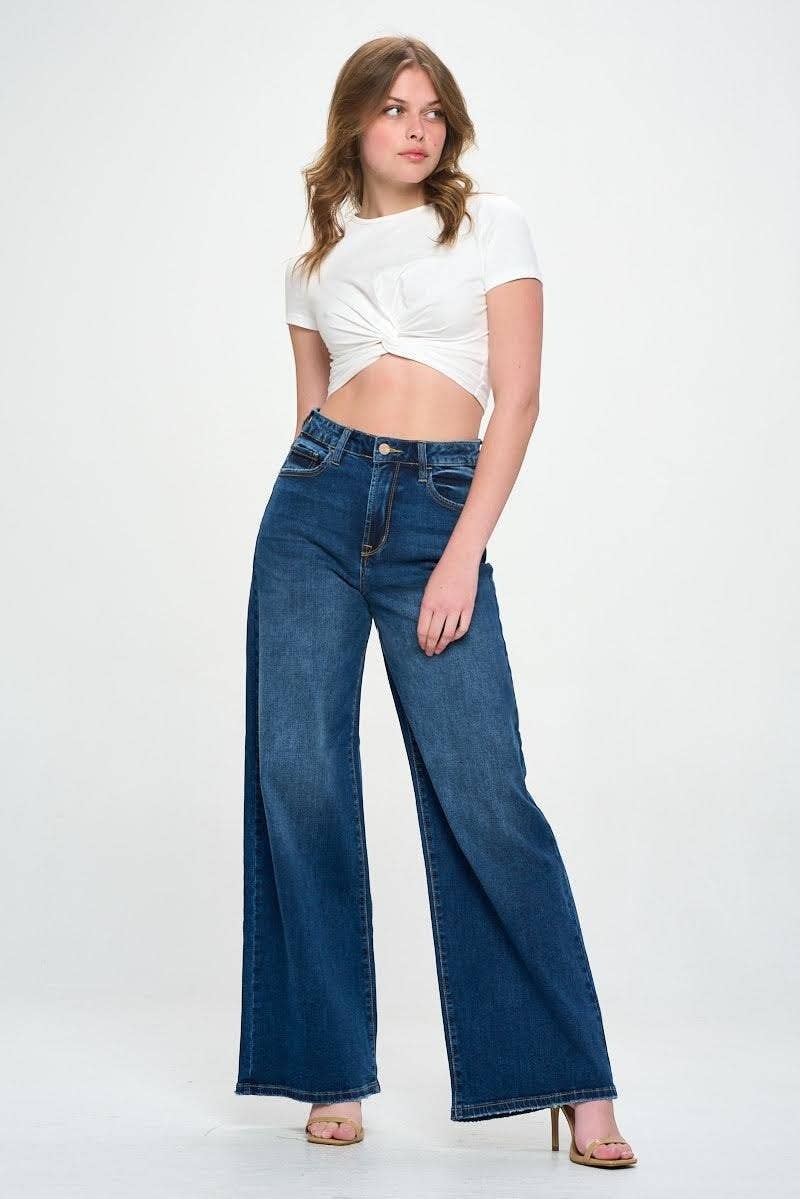Dark Wash - High Rise Wide Leg Straight Fit Jeans