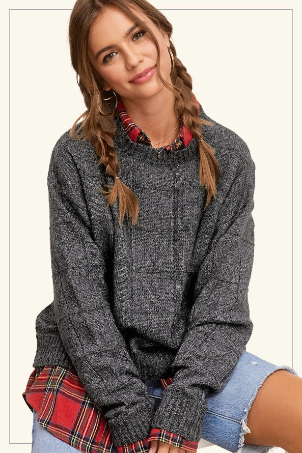 Loose Fit Windowpane Patterned Two Tone Sweater