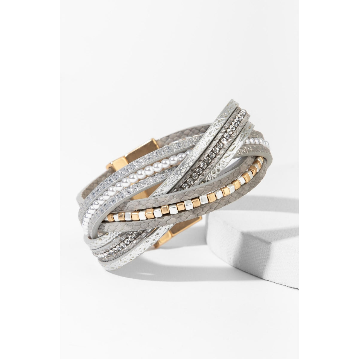 Stark Mixed Bead Leather Bracelet- Grey