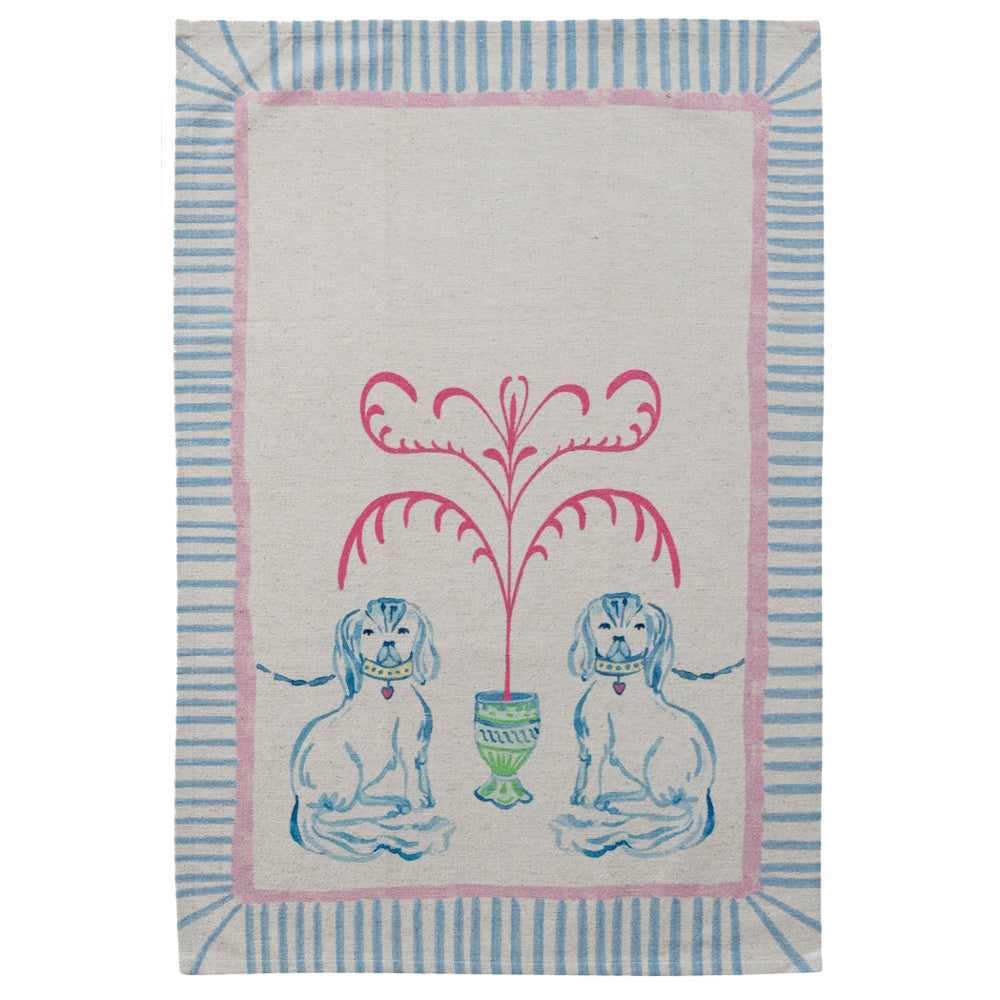 Cotton linen tea towel with blue Staffordshire dogs and striped border.