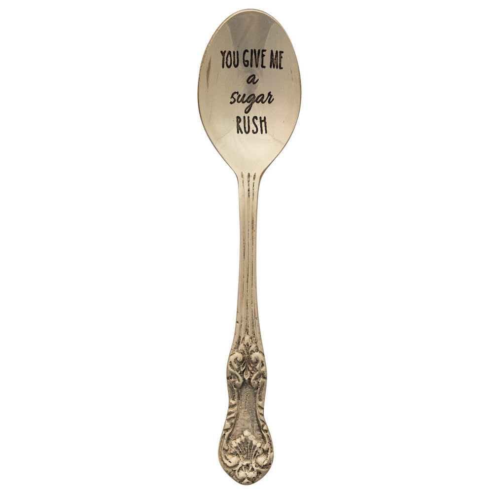 Vintage brass spoon engraved with "You give me a sugar rush"