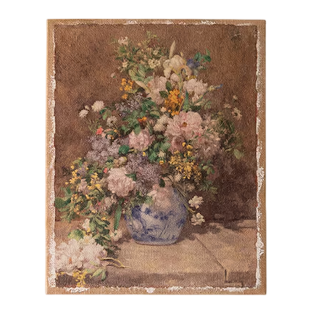 Vintage floral burlap canvas print depicting colorful wildflowers in a blue and white ceramic vase.