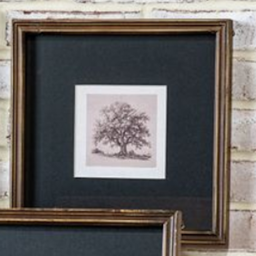Framed sketch of a tree with a black mat and wooden frame against a brick wall.