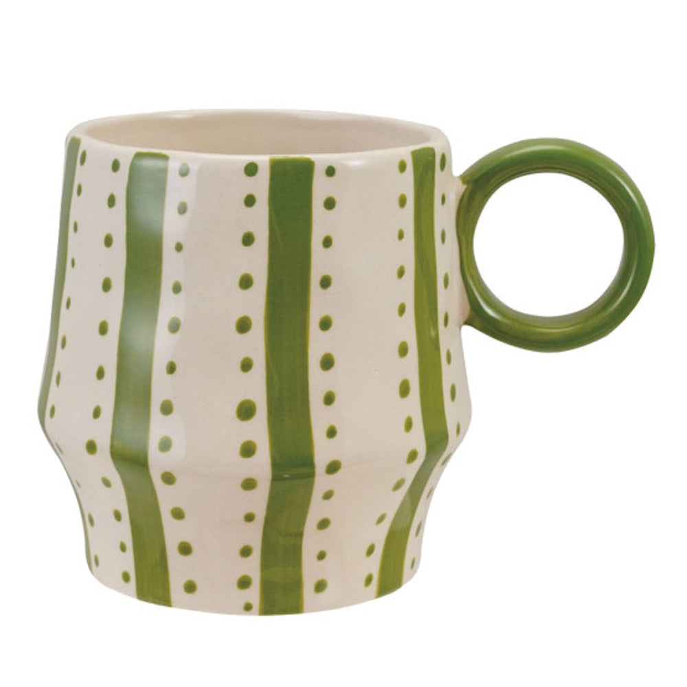 Hand-painted ceramic mug with vertical green stripes, green dotted lines, and a green ring handle.