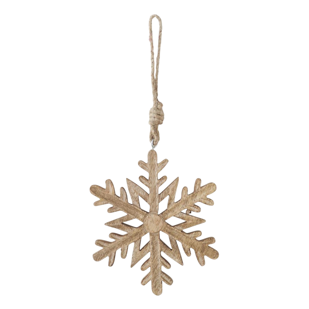 A wooden snowflake ornament with natural grain and a jute string hanger.