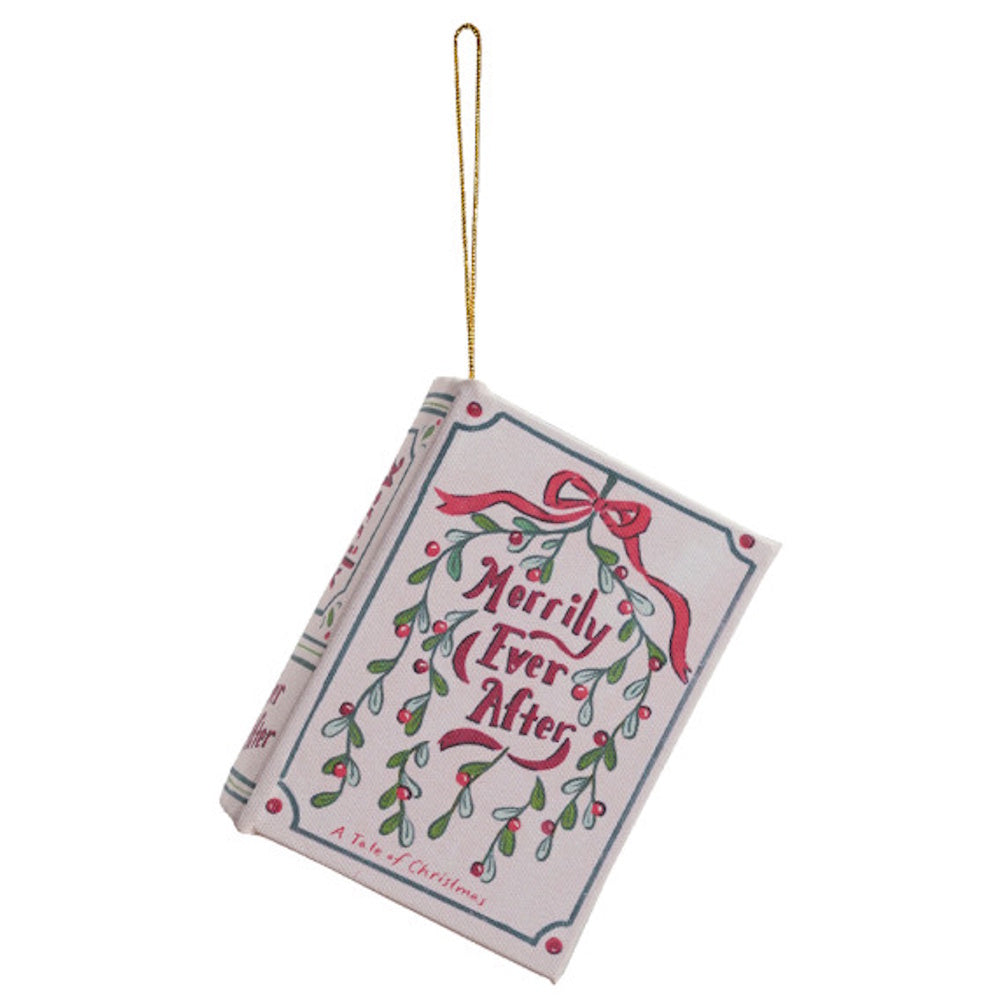 Christmas book ornament featuring "Merrily Ever After" title with red ribbon and holiday foliage.