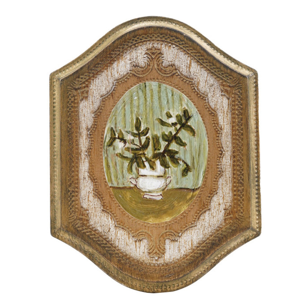 Vintage ornate gold frame MDF wall decor with a painting of green leaves in a white vase.