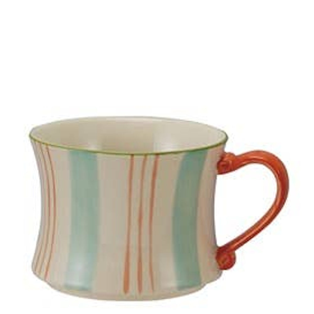 Cream stoneware mug featuring teal and orange vertical stripes with an orange handle.