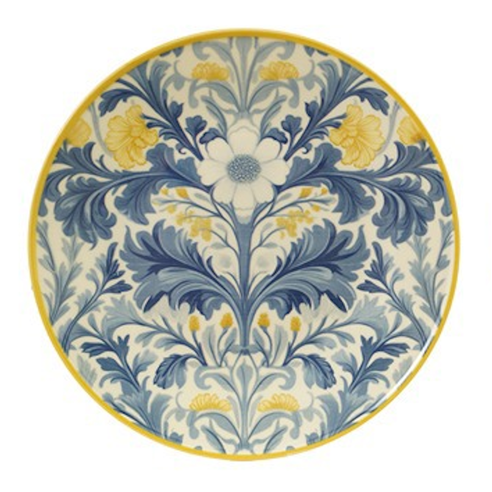 A round ceramic plate featuring a blue and yellow botanical floral pattern with a yellow rim.