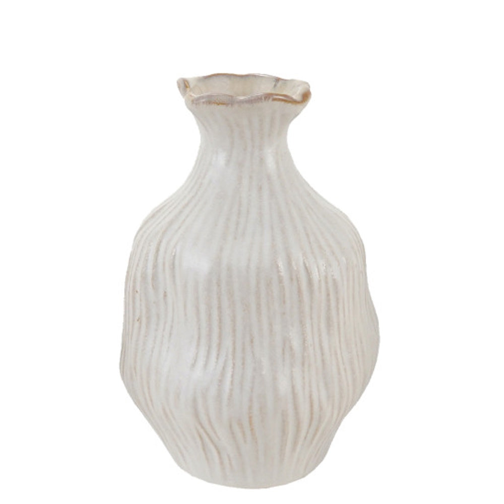 Organic-shaped white stoneware vase with a vertical ribbed texture and ruffled rim.