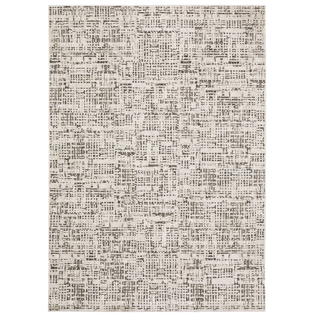 Abstract gray and cream patterned area rug with a distressed, textured design on a white background.