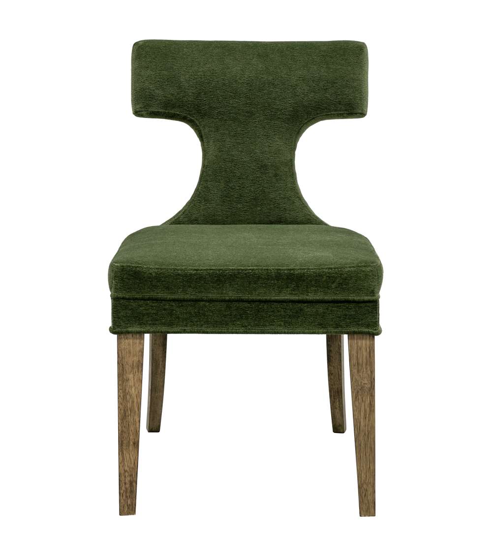 Green upholstered chair with wooden legs on a white background