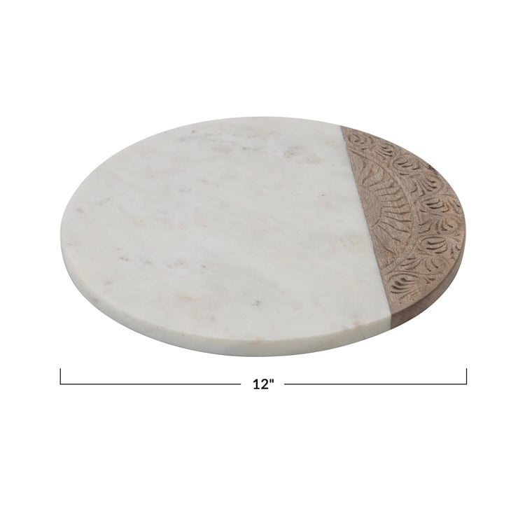 Hand-Carved Mango Wood & Marble Serving Board with Engraved Design, White & Natural- Circular — alternate view 6